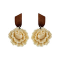 Carved Cream Flower Drop Earrings with Dark Wood Stud Tops view 5