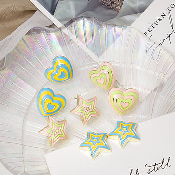 Enamel Layered Heart and Star Stud Earrings Four Colors