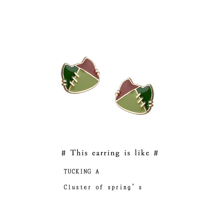Gold Tone Green Burgundy Patchwork Cat Head Stud Earrings