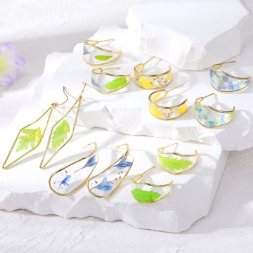 Gold Tone Pressed Botanical Resin Earrings in Six Shapes