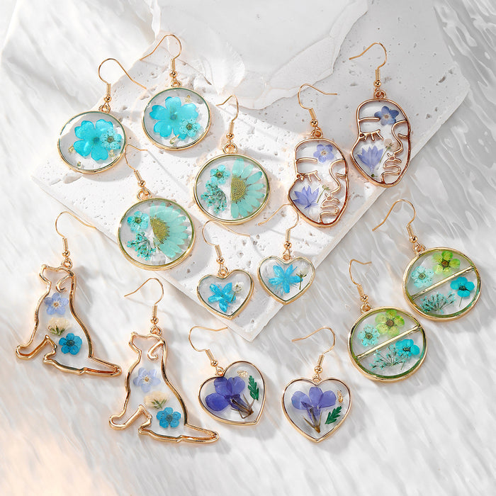 Blue Pressed Flower Resin Earrings Gold Hooks 7 Style Mix