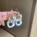 Gold Tone Link and Rounded Square Drop Stud Earrings view 2