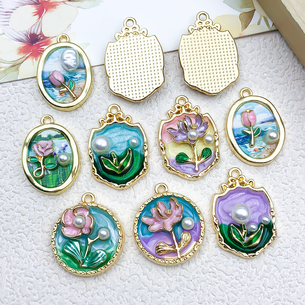 Zinc Alloy Enamel Monet Garden Oil Painting Flower Charm Pendant for DIY Jewelry
