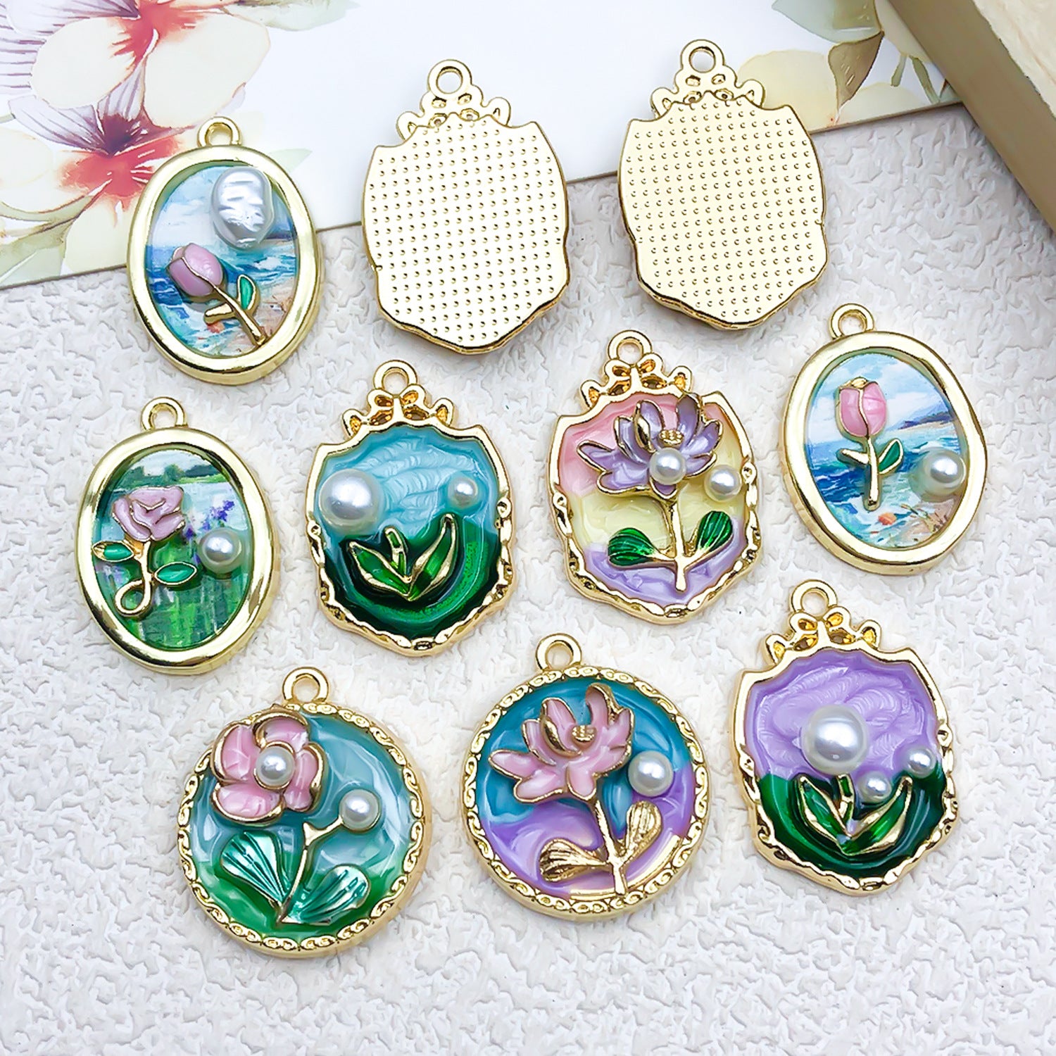 Zinc Alloy Enamel Monet Garden Oil Painting Flower Charm Pendant for DIY Jewelry