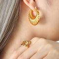 Gold U-Shaped Ribbed Hollow Statement Hoop Earrings view 1