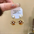 Tiger Eye Pearl Frame Drop Earrings with Distinctive Textured Details view 3