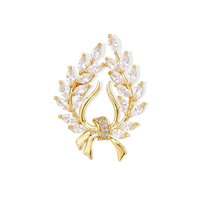 Gold Tone Crystal Wheat Wreath Bow Metal Brooch Pin
