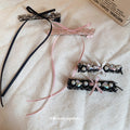 Pink Or Black Lace Heart Pearl Like Bow Hair Clip With Long Ribbons view 2