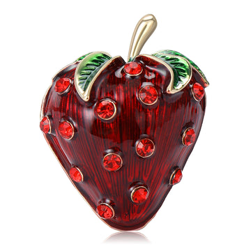 Translucent Red Strawberry Brooch With Green Enamel Leaves