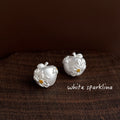 Matte Silver Apple Stud Earrings Floral Gold Center Accents view 1