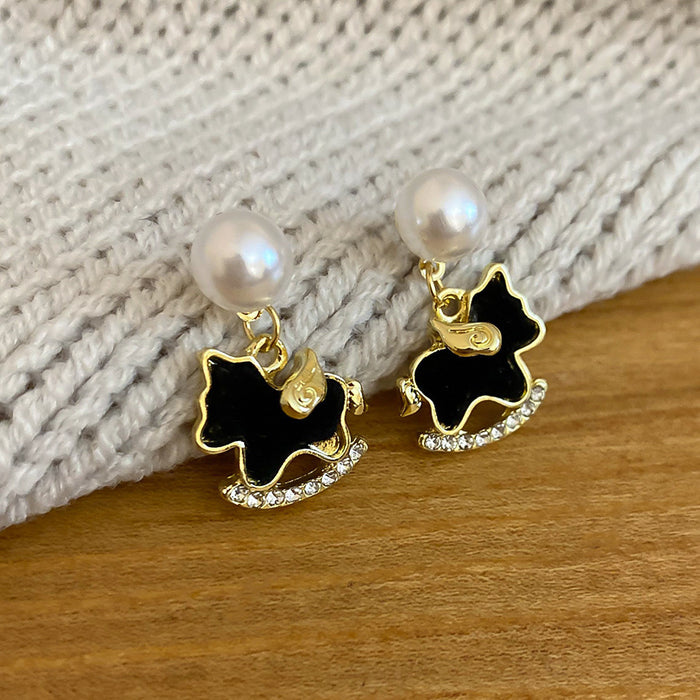 Black Horse And Pearl Drop Stud Earrings Fashion Earrings