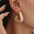 Gold Stainless Steel Triangle Hollow Hoops Pearl Pink Oil Drip view 2