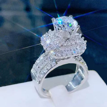Round Solitaire Baguette Halo Two-Ring Set In Silver Tone