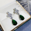 Silver Tone Green Teardrop CZ Three Leaf Drop Earrings view 3
