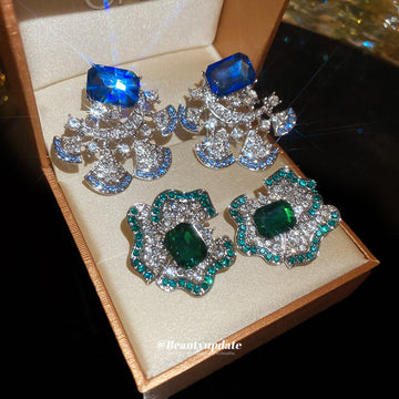 Blue Green Crystal Floral Stud Earrings Fashion Jewelry