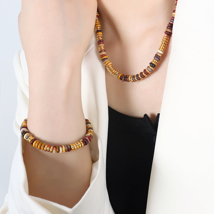 Multicolor Disc Stone Bead Necklace Bracelet Gold Accents