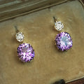 Gold Tone Purple Round Drop Earrings Clear Top Stone view 3