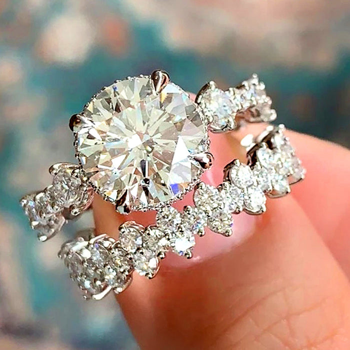 White Gold Round Clear Stone Floral Band Ring Set Sizes 6-10