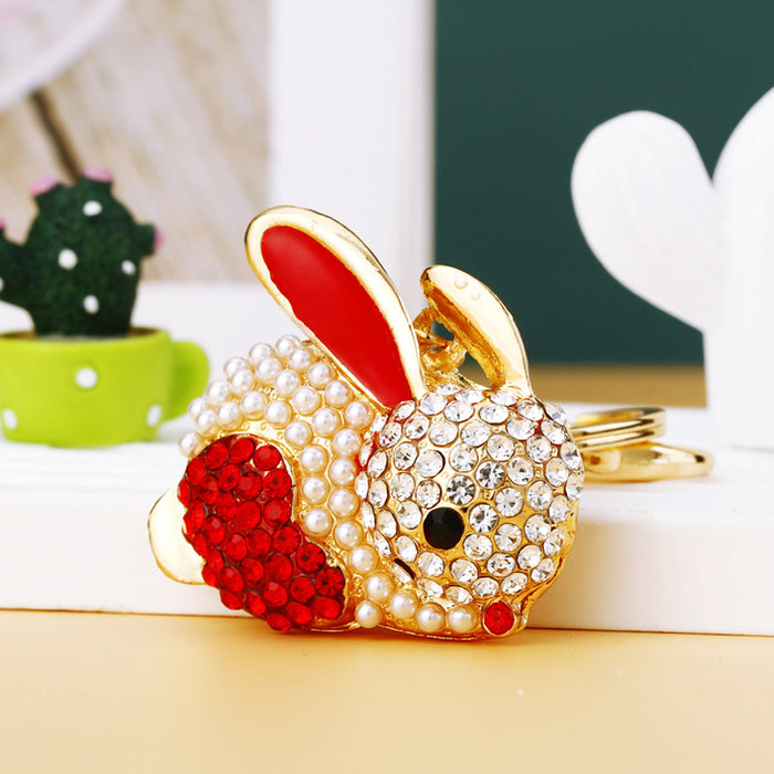 Pearl Accent Jeweled Rabbit Keychains in Four Colors with Fortune Loops