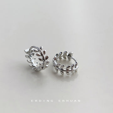 Silver Olive Leaf Huggie Hoop Earrings Polished Metal