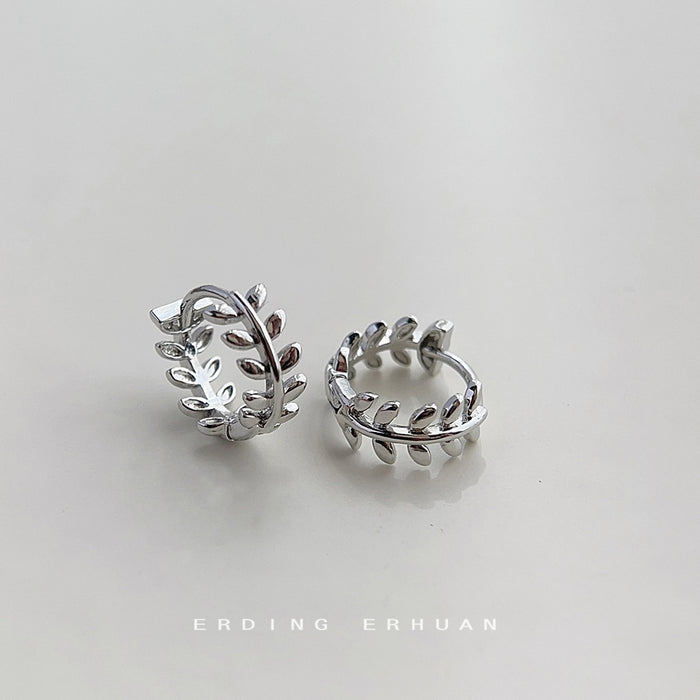 Silver Olive Leaf Huggie Hoop Earrings Polished Metal