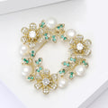Floral Wreath Brooch with Pearls Green Crystals and Gold Tone Frame view 4