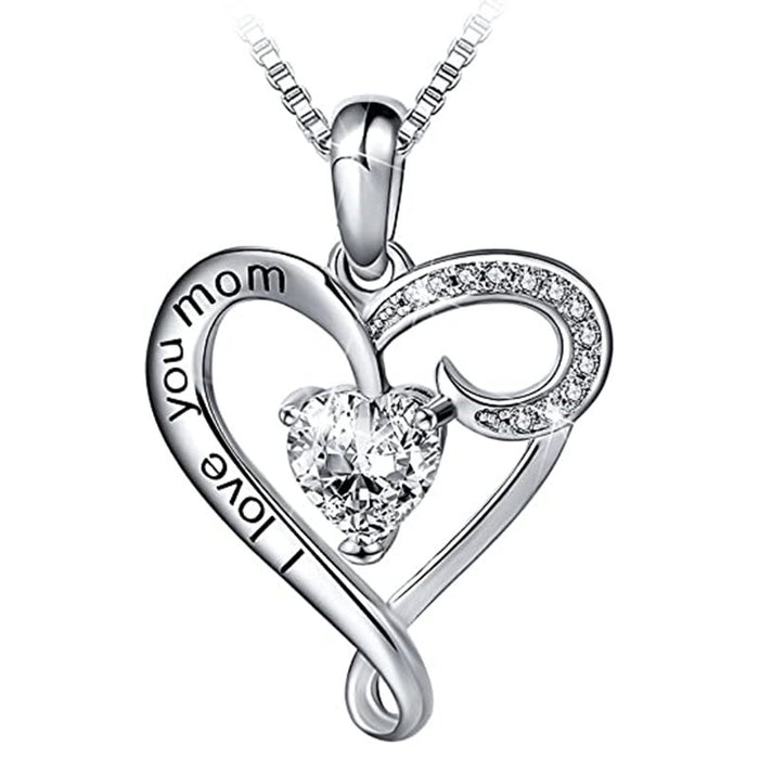 Silver Tone Mom Heart Clear Crystal Pendant Necklace