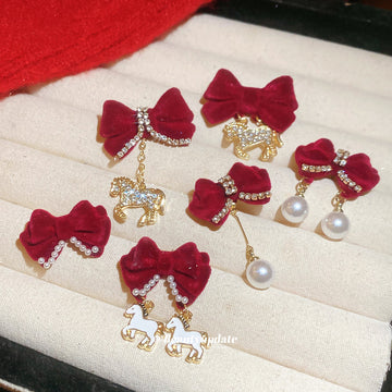 Red Velvet Bow Horse Drop Earrings with Distinctive Textured Details