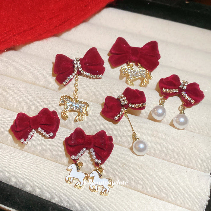 Red Velvet Bow Horse Drop Earrings with Distinctive Textured Details