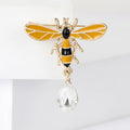 Gold Enamel Bee Brooch Yellow Wings Clear Teardrop Dangle view 1