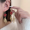 Red and Cream Flower Gold Leaf Cascade Hook Earrings view 1
