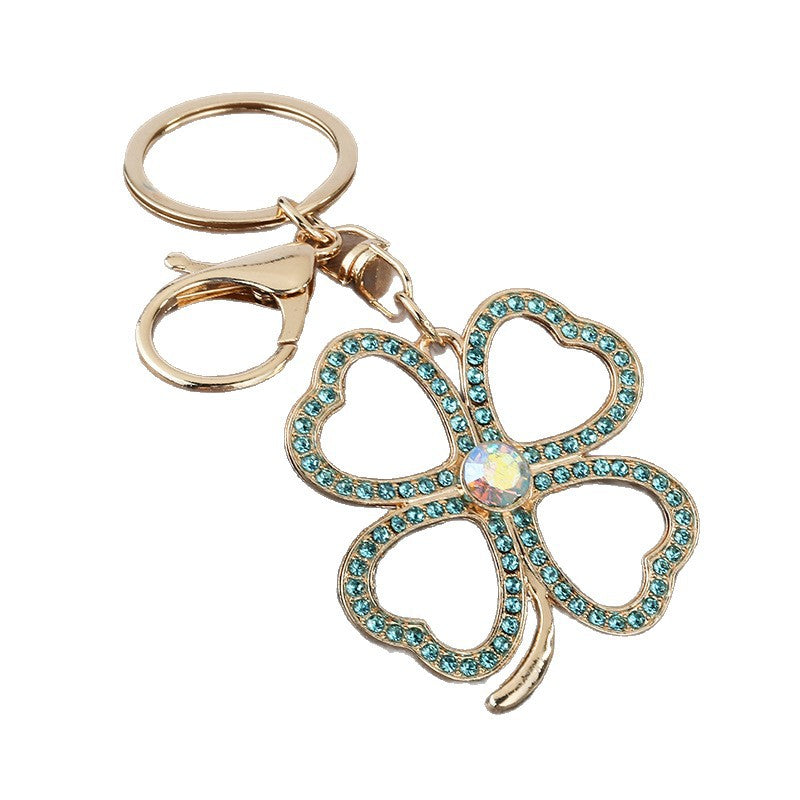 Rhinestone Four-Leaf Clover Zinc Alloy Keychain Bag Charm