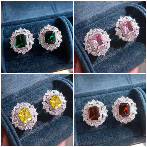 Second product view showing rectangular center floral halo stud earrings