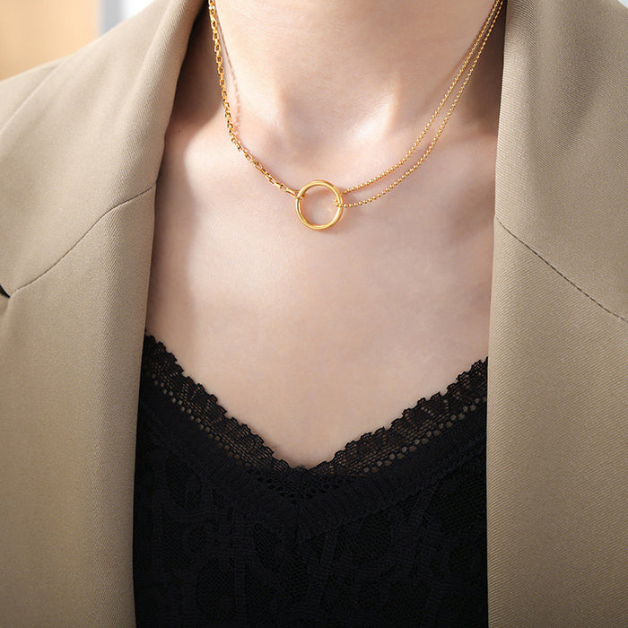 Circle Ring Pendant Necklace Dual Chains Gold Steel Rose