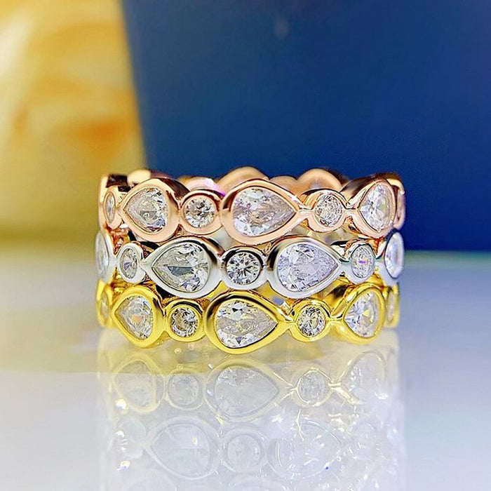 Pear Round Bezel Eternity Band Ring Gold White Rose Alloy