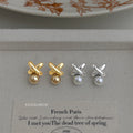Gold Silver Metal X Knot Glass Pearl Stud Earrings view 1