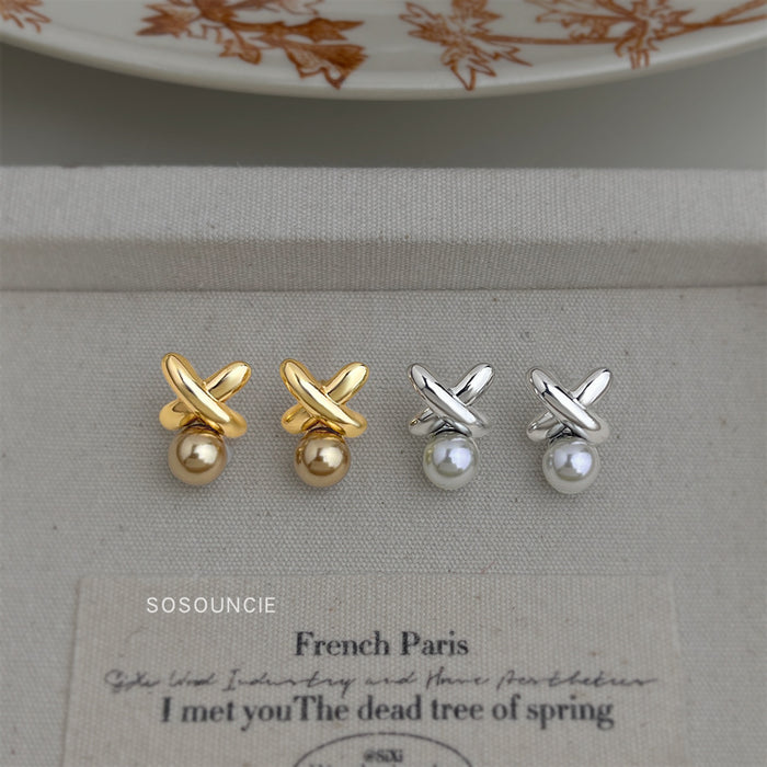 Gold Silver Metal X Knot Glass Pearl Stud Earrings