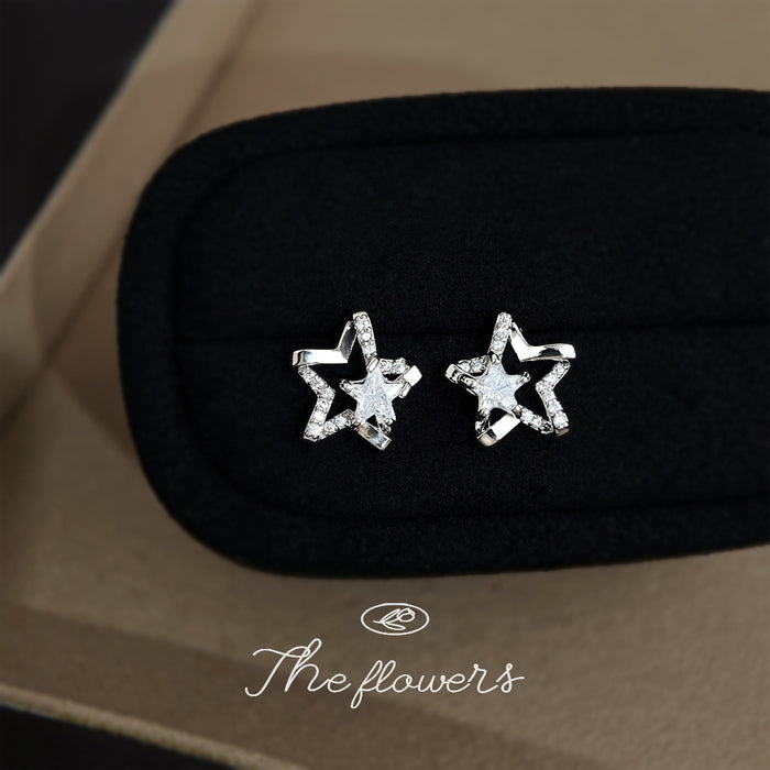 Silver Open Star Stud Earrings Pave Crystal Center