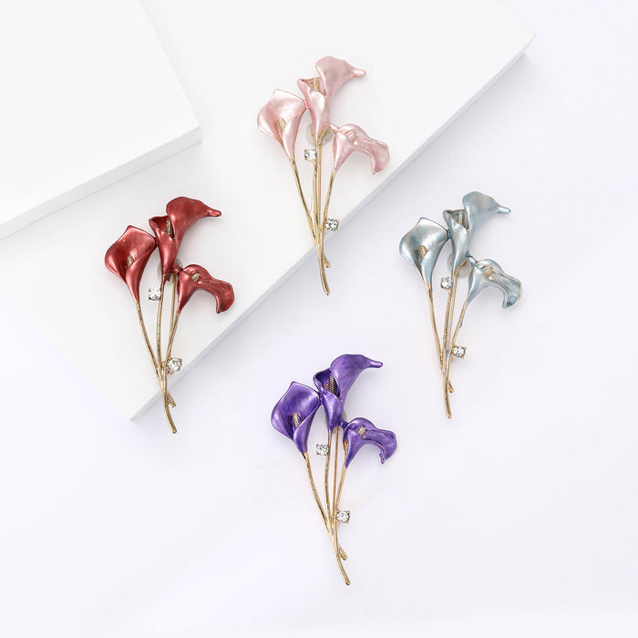 Enamel Calla Lily Trio Brooch Gold Stem Four Colors