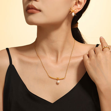 Gold Bow Pearl Stud Earrings And Knot Bar Pearl Necklace