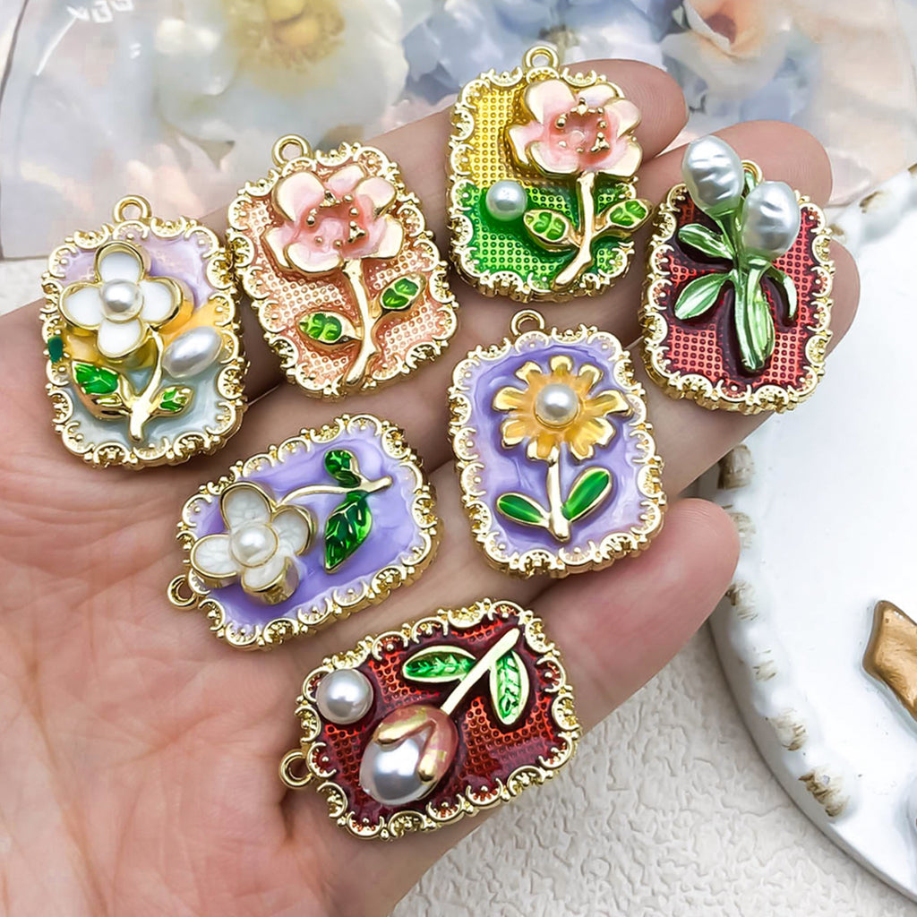Zinc Alloy Enamel Flower Oil Painting Charm Pendant for DIY Earrings Necklace Jewelry
