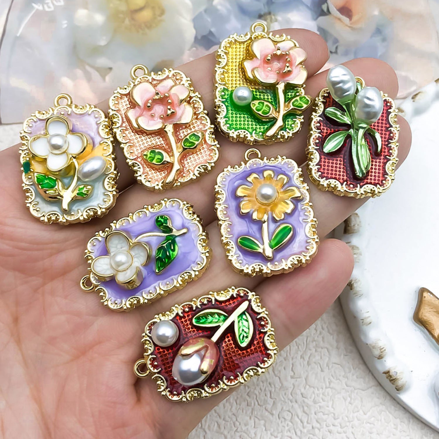 Zinc Alloy Enamel Flower Oil Painting Charm Pendant for DIY Earrings Necklace Jewelry
