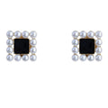 Black Square Pearl Border Stud Earrings Gold Tone Frame view 5