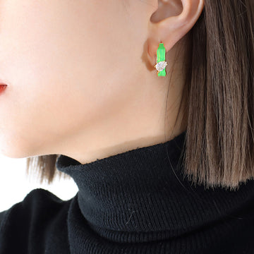 Green Enamel Mini Hoop Earrings With Clear Teardrop Zircon