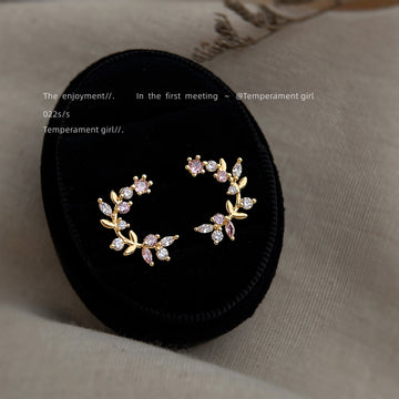 Gold Tone Pink Stone Leaf Branch Curved Stud Earrings For Women