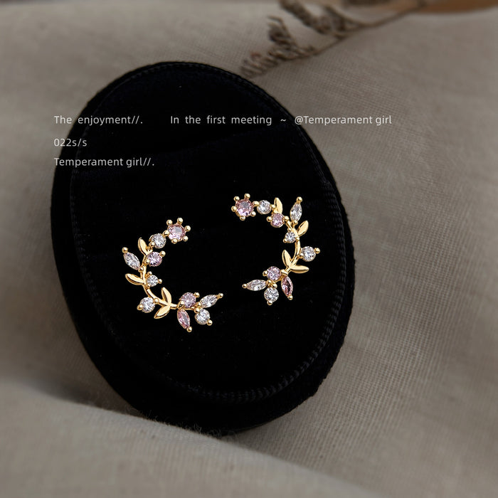 Gold Tone Pink Stone Leaf Branch Curved Stud Earrings For Women