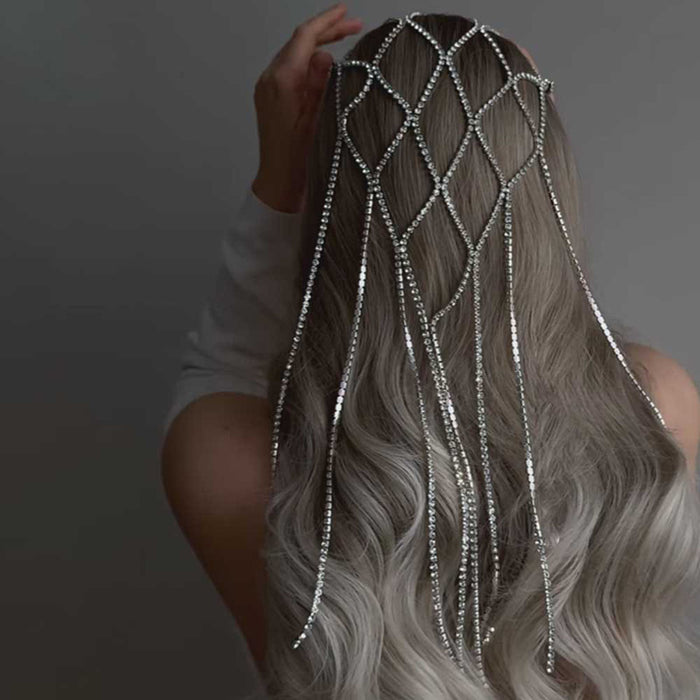 Silver Tone Crystal Lattice Headband With Long Hanging Tassels