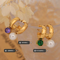 Asymmetric Pearl Zircon Huggie Earrings Green Purple Metal view 2