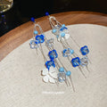 Blue Floral Bead And Chain Long Tassel Stud Earrings view 2