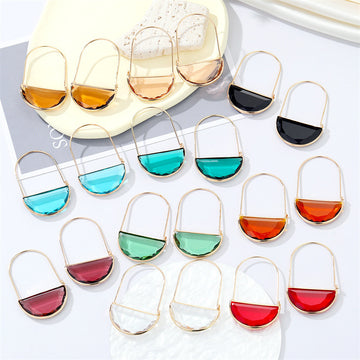 Gold Tone Semicircle Glass Long Wire Drop Earrings in Nine Colors